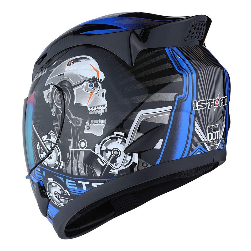 1Storm Motorcycle Bike Full FACE Helmet Mechanic Skull - Tinted Visor Blue - Image 4